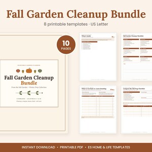 Peut inclure: Un ensemble de modèles pour le nettoyage du jardin en automne comprenant 8 pages imprimables au format US Letter. La couverture affiche le titre, une citrouille et des feuilles. Quatre pages présentent des listes de contrôle et des guides.