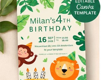 Plantilla de invitación de cumpleaños con temática de safari, invitación editable de animales de la selva en Canva.