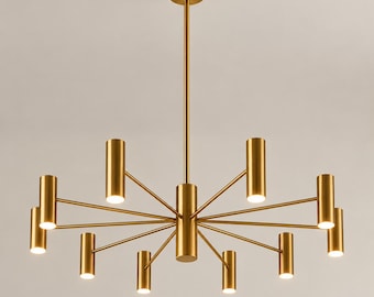 Modern Brass Sputnik Chandelier, 10 Light Mid Century Ceiling Fixture, Minimalist Gold Pendant Light, Contemporary Dining Room Lighting