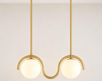 Modern Double Globe Pendant Light, Sculptural Wave Ceiling Light, Opal Glass Brass Chandelier, Contemporary Kitchen Island Lighting