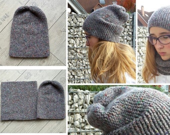 Set of 2-piece beanie cap and loop scarves made of tweedwoole, warm cap, gift idea for her, autumn winter