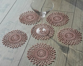 Set of 6 coasters in light pink, crochet flowers, Doily