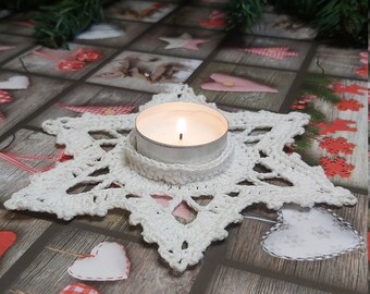 Kerzenhalter gehäkelt, Teelichtkerzehalter, Weihnachtsdekor, Schneeflocke Halter weiß, Geschenk, Weihnachtsschmuck, Home Decor
