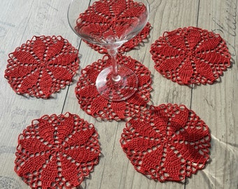 Set of 6 Coasters Red, Crochet Flowers