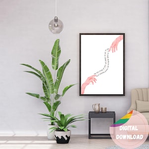 Puede incluir: Una impresión de arte mural enmarcada que muestra dos manos conectadas por un hilo rojo fino. El texto dice: The red string of fate will always tie me to you. It brings me destiny and relief.