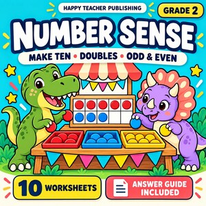 Könnte beinhalten: Ein Lernmaterial für die 2. Klasse mit dem Titel Number Sense: Make Ten, Doubles, Odd & Even von Happy Teacher Publishing. Es zeigt einen grünen T-Rex und einen lila Triceratops an einem Holzstand mit bunten Zählern, 10 Arbeitsblättern und Lösungsschlüssel.