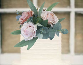 Champagne Gold Blush Pink Silk Wedding Cake Topper | Cake Decorations | Rose & Eucalyptus