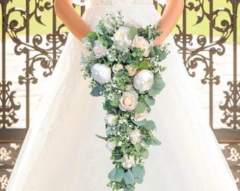 Cascade Bridal Bouquet Collection | Ivory Blush + Babies Breath + Eucalyptus Wedding Bouquet | Bridesmaid Bouquets