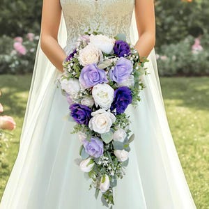 Silk Rose Cascade Bouquet: Purple Lavender White Wedding Bouquet