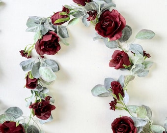 Burgundy Rose Garland: 8 ft Wedding Arch Flowers & Greenery