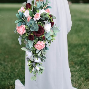 Cascade Bridal Bouquet in Burgundy + Dusty Pink + Blush Roses Eucalyptus | Artificial Wedding Flowers