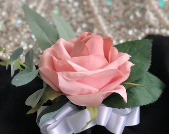Dusty Pink Rose Corsage: Silk Eucalyptus Wedding Flowers