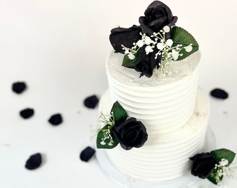 Set of 3 Midnight Black Rose Wedding Cake Flowers + Matching Rose Petals | Wedding Cake Topper | Black Floral Cake Topper | Cake Flowers