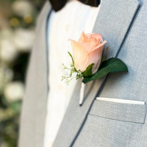 Coral Peach Rose + Babies Breath Boutonniere | Groom Boutonniere