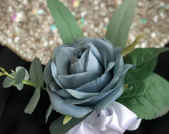 DUSTY BLUE Corsage with Large Garden Rose | Artificial Flowers for Mother Grandmother Formal Prom Corsage
