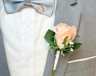 Coral Peach Rose + Babies Breath Boutonniere | Groom Boutonniere