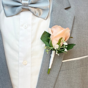 Coral Peach Rose + Babies Breath Boutonniere | Groom Boutonniere