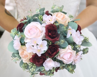 Burgundy + Blush + Eucalyptus Bouquet | Silk Flower Wedding Bouquet Set | Artificial Bridal Bouquet | Wedding Flowers