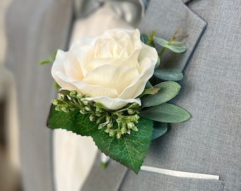 Ivory Blush Rose Eucalyptus Boutonniere | Artificial Flowers for Groom Groomsmen Father Grandfather Usher  (ivory blush)