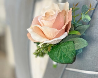 Champagne Rose Eucalyptus Boutonniere | Artificial Flowers for Groom Groomsmen Father Grandfather Usher  (champagne)