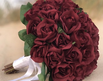 Burgundy Rose Wedding Bouquet | Silk Bridal Bouquet in Burgundy Garden Roses (XLarge)