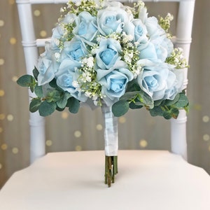 Light Blue Wedding Bouquet | Bridesmaid Bouquet | Bridal Bouquet Rose Baby&#39;s Breath & Eucalyptus Greenery (large)