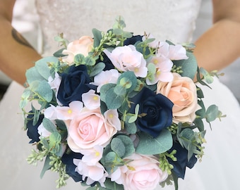 Navy Blush Wedding Bouquet: Eucalyptus Champagne Roses