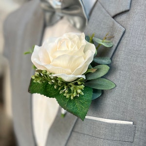 Ivory Blush Rose Eucalyptus Boutonniere | Artificial Flowers for Groom Groomsmen Father Grandfather Usher  (ivory blush)