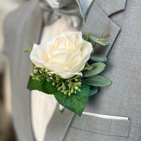 Ivory Blush Rose Boutonniere: Silk Eucalyptus Wedding Flowers