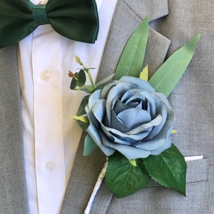 DUSTY BLUE  Single Open Rose Eucalyptus Boutonniere | Wedding Boutonniere for Men