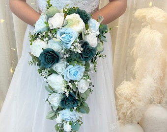 Teal Blue White Cascade Bouquet | Silk Bridal Bouquet | Cascading Wedding Bouquet | Faux Bouquet | Beach Wedding Teardrop Bouquet