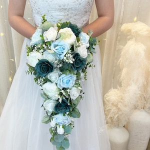 Teal Blue White Cascade Bouquet | Silk Bridal Bouquet | Cascading Wedding Bouquet | Faux Bouquet | Beach Wedding Teardrop Bouquet