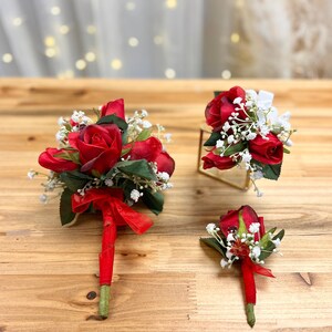 Red Prom Corsage and Boutonniere Set Handheld Bouquets for Prom Quinceanera Bouquet Flower Girl Bouquet Prom Flower Bouquet image 3