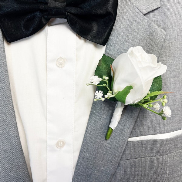 White Rose + Babies Breath Boutonniere for Wedding | Groom Boutonniere