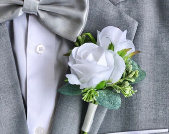 White Double Rose Eucalyptus Boutonniere | Wedding Boutonniere for Men