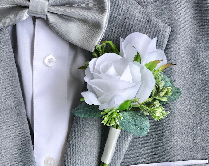 Navy Blue Double Rose Eucalyptus Boutonniere Wedding | Etsy