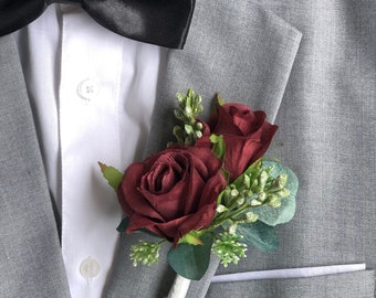 Burgundy Rose Eucalyptus Boutonniere: Wedding Groomsmen Accessory