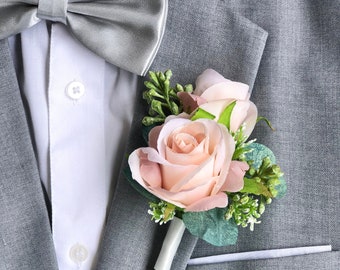 Pink Champagne Double Rose Eucalyptus Boutonniere | Wedding Boutonniere for Men (pink champagne)