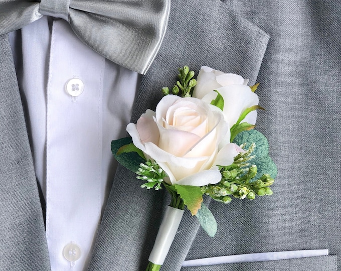 DUSTY BLUE Double Rose Eucalyptus Boutonniere Wedding - Etsy