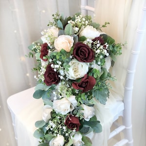 Burgundy and Ivory Cascading Bridal Wedding Bouquet | Roses + Babies Breath + Eucalyptus