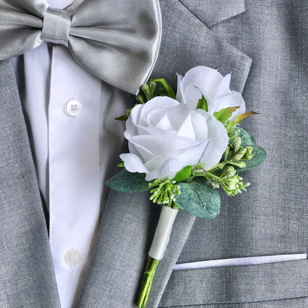 White Double Rose Eucalyptus Boutonniere | Wedding Boutonniere for Men