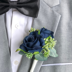 Navy Blue Double Rose Eucalyptus Boutonniere | Wedding Boutonniere for Men