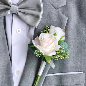 Ivory Blush Double Rose Eucalyptus Boutonniere | Wedding Boutonniere for Groom (ivory blush)