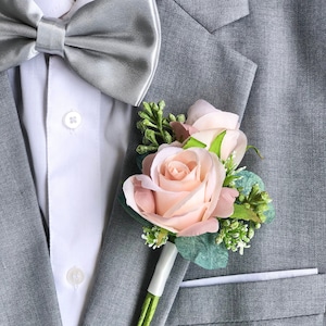 Pink Champagne Double Rose Eucalyptus Boutonniere Wedding Boutonniere for Men pink champagne image 1