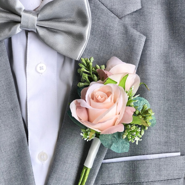 Pink Champagne Double Rose Eucalyptus Boutonniere | Wedding Boutonniere for Men (pink champagne)