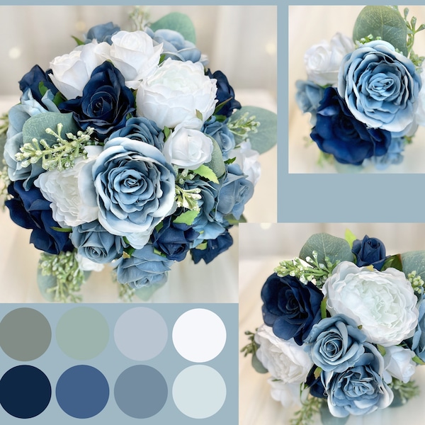Slate Blue Wedding Bouquet: Silk Mini Roses, Eucalyptus Bridal Flowers