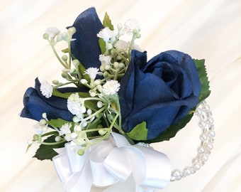 Navy Blue Corsage with Babies Breath | Navy Wedding Corsage