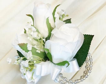 White Corsage with Babies Breath | White Wedding Corsage