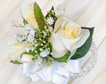 Ivory Corsage with Babies Breath | Ivory Wedding Corsage