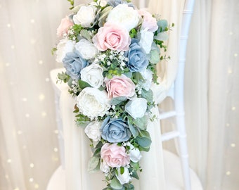 Dusty Blue + Blush Pink + White Cascade Bouquet | Silk Bridal Bouquet | Cascading Wedding Bouquet | Faux Bouquet | Sweet Teardrop Bouquet